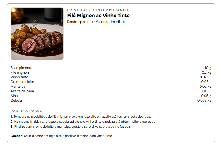 Ficha reduzida do Filé Mignon ao Vinho Tinto — exemplo real do Chef Fácil