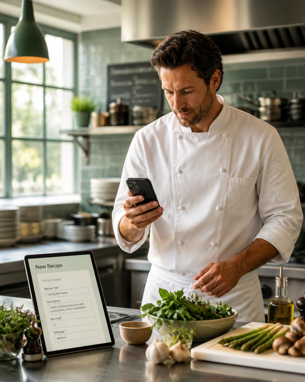 Chef usando o celular na cozinha para cadastrar a ficha técnica