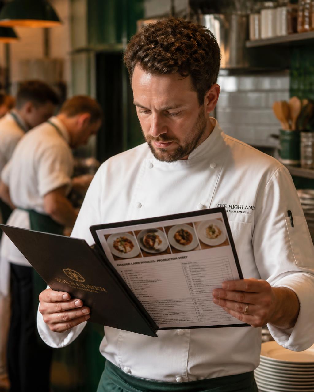 Chef com a pasta na mão aberta na ficha de produção do prato