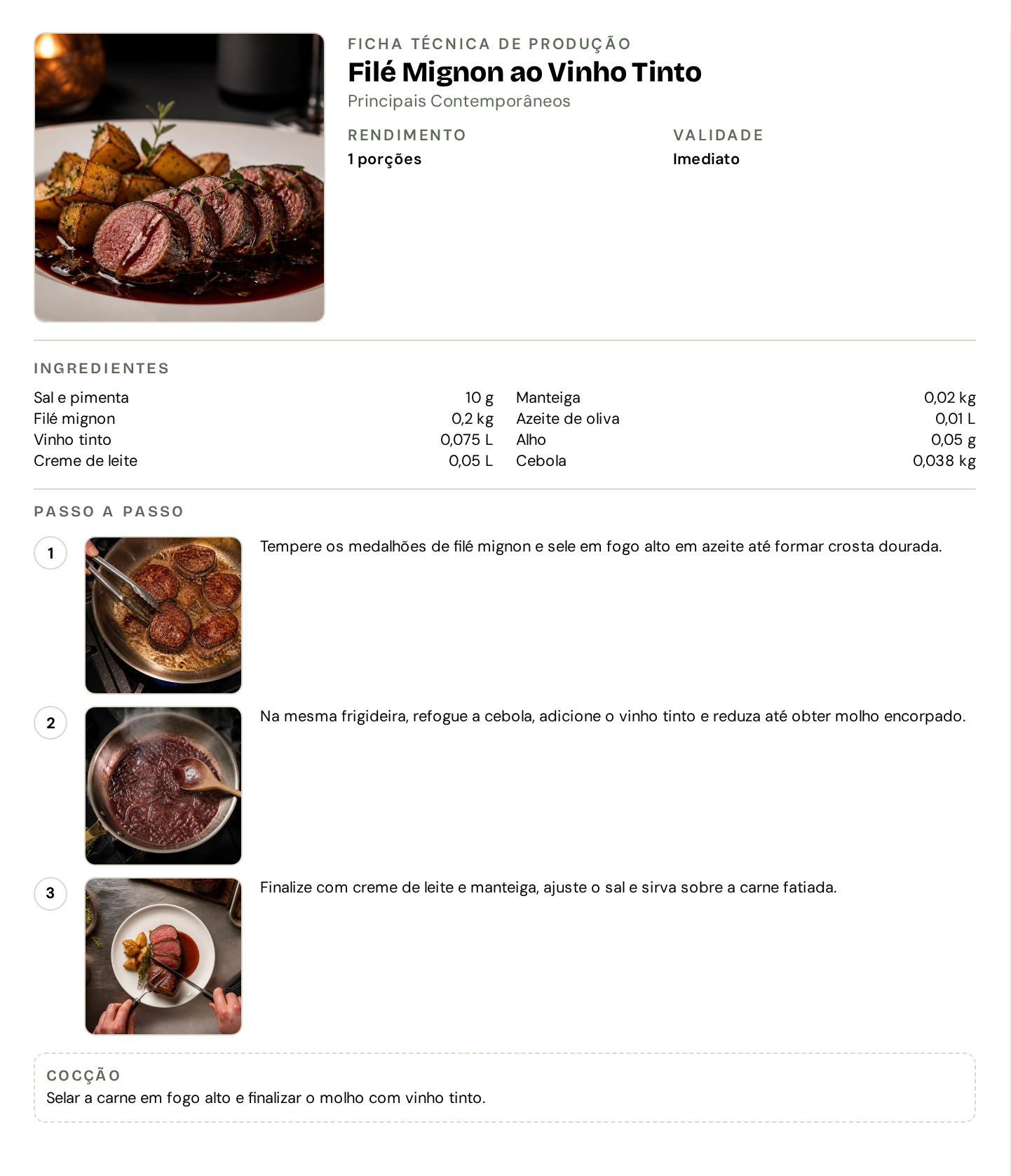 Print real da ficha de produção A4 do Filé Mignon ao Vinho Tinto com fotos do passo a passo